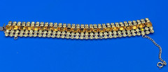 Vintage Amber Rhinestone Bracelet Gold Tone Triple Row Glows Green UV Reactive