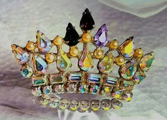 Signed Crown Brooch Pin Silver Tone AB Multicolor Rhinestones Faux Pearls