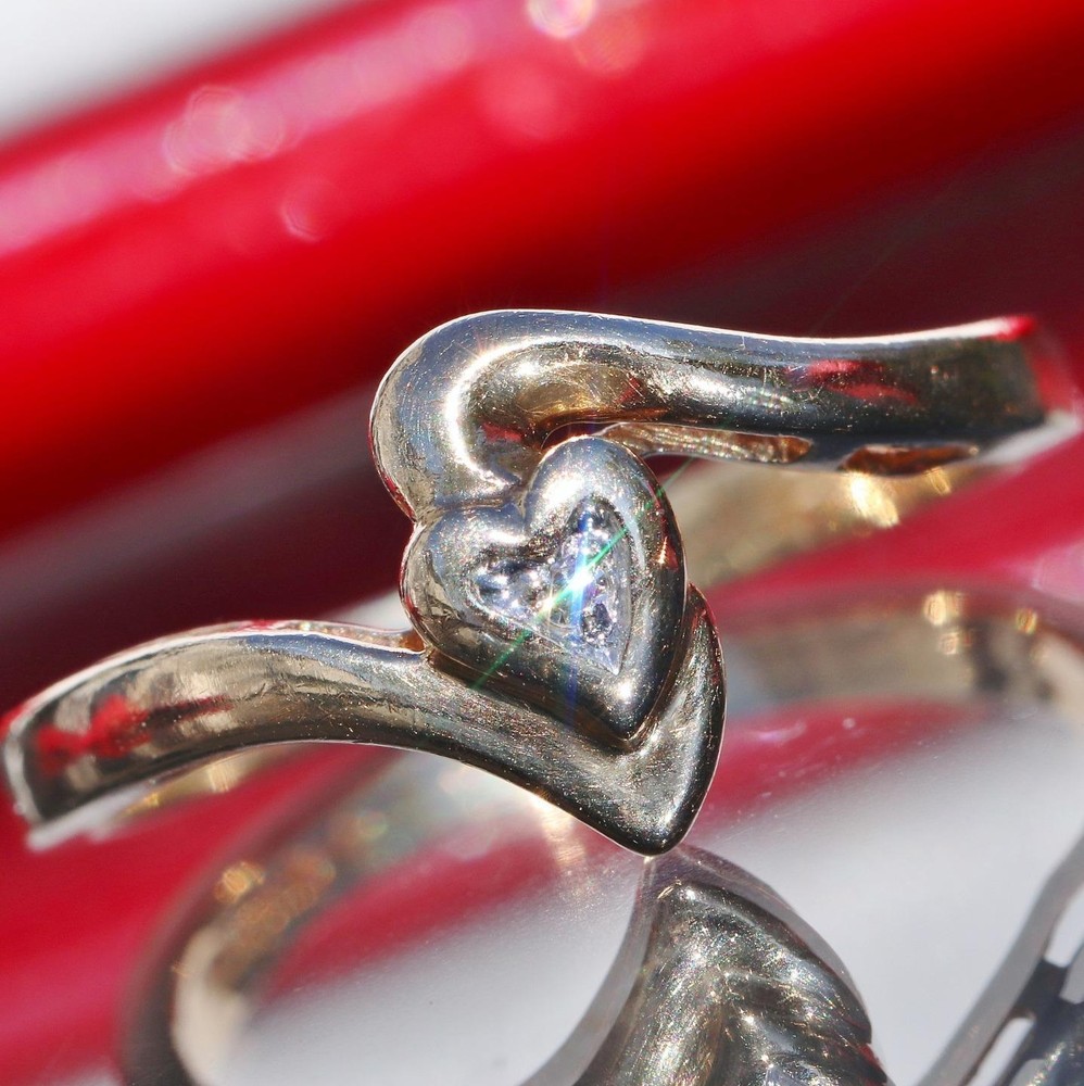 10k yellow gold ring natural diamond heart size 6 handmade 2.15gr N195