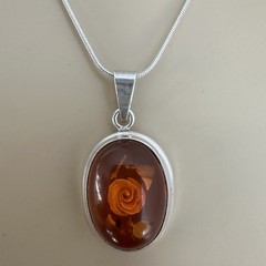 VTG Pendant Necklace 18 Inch Amber Reversed Carved Rose Italy 925 Sterling 9.3g