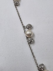 Ann Taylor Silver Tone Faux Pearl & Crystal Station Necklace 32″ Long