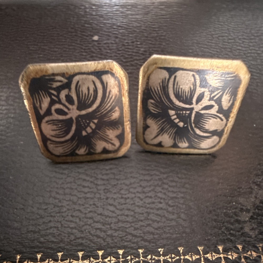 Vintage Brass Square Floral Bullet Back Cufflinks Gold Black for Men