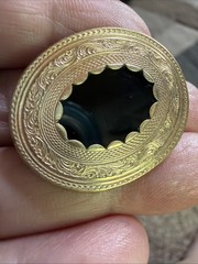 Victorian Ornate Mourning Brooch Etched Gold Fill Metal Onyx Center C Clasp Pin