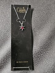 Vintage Celebrity NY Silver Tone Starburst Charm W/ Red Stone Necklace 15″ NOS