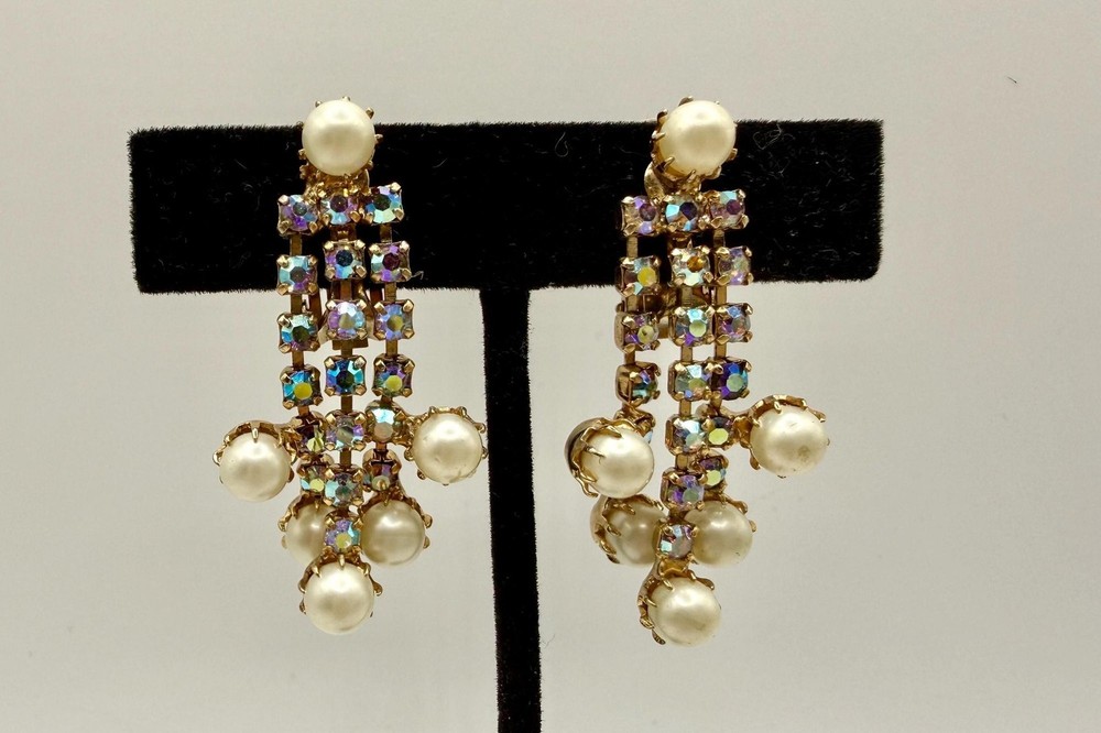 Signed Kramer NY Chandelier Earrings – Faux Pearl Aurora Borealis Crystal Clip-O