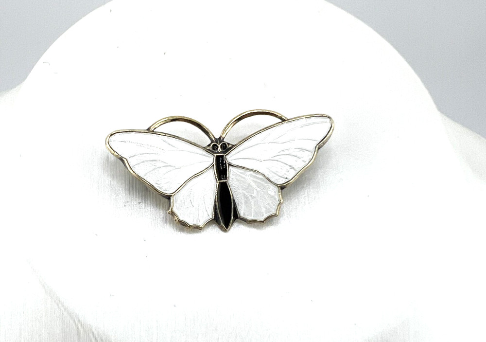 Vintage Norway Sterling silver butterfly pin brooch white enamel Aksel Holmsen