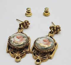 Art Deco Hand Painted Signed Rose Gold Tone Victorian Frame MCM Pierced Earrings
