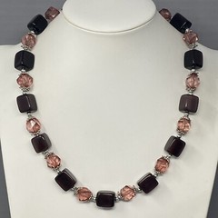 Glass Bead Necklace Mauve Square Cube Acrylic Faceted Spacer Silver Tone Caps 21