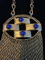 Vintage Very Large Bold Goldtone Blue Stone Edlee multi stand chain Necklace