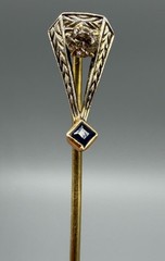 Vintage 14K Yellow Gold Diamond Sapphire Stick Pin Lapel Hat Estate 1.46g
