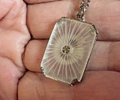 Vintage Silver Tone Art Deco Camphor Glass Pendant REBEKAH Lodge Necklace