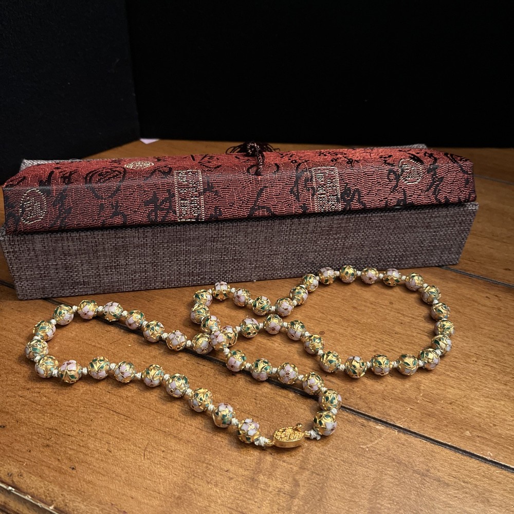 Vintage Chinese Export Cloisonné Enamel & Gold Gilt Bead 26” Necklace 10mm Beads