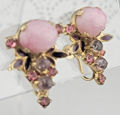 Victorian Pink Molded Glass Gripoix Cabochon Purple Enamel Screw Earrings 1 1/8″