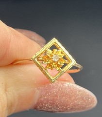 ATQ Vtg 10k Yellow Gold Diamond Ring Brooch Conversion Flower in Square sz 10