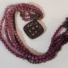 Avon Multi Strand Purple Faceted Glass Bead Necklace Rhinestone Pendant Signed