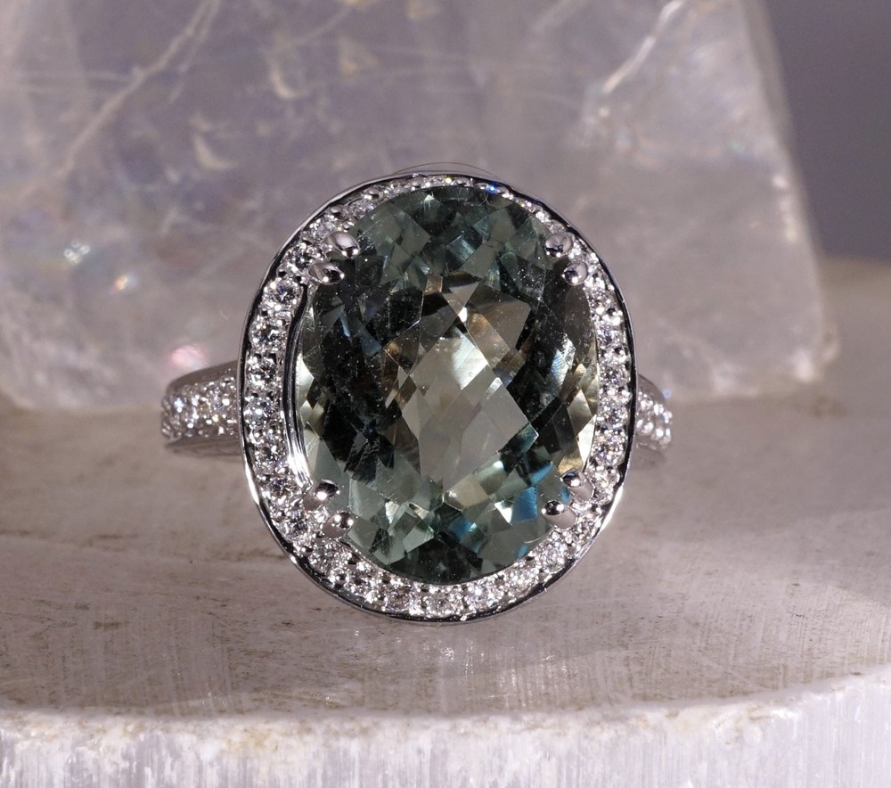 9.38ct Green Amethyst Praisiolite Cocktail Ring 14k White Gold with Diamonds