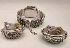 Vintage Unsigned Hobe Yellow/Grey/Clear Crystal Layered Cuff Bracelet/Earrings