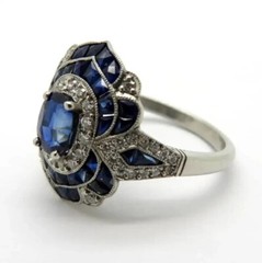 Vintage Art Deco Oval Sapphire & Lab-Created Diamond Engagement 925 Silver Ring
