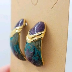 Vintage Enamel Swirl Huggie Stud Earrings Retro Purple Green Statement Jewelry