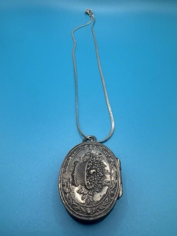 Antique 800 Silver Repousse Floral Basket Pill Box Pendant 925 16” Chain