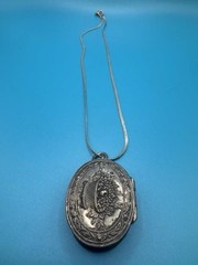 Antique 800 Silver Repousse Floral Basket Pill Box Pendant 925 16” Chain