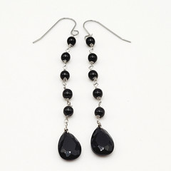 Black Onyx Bead Shoulder Duster Long Linear Silver Tone Pierced Hook Earrings