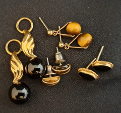Vintage Tiger’s Eye and Onyx Black Glass Post Earrings & Earring Dangles Lot