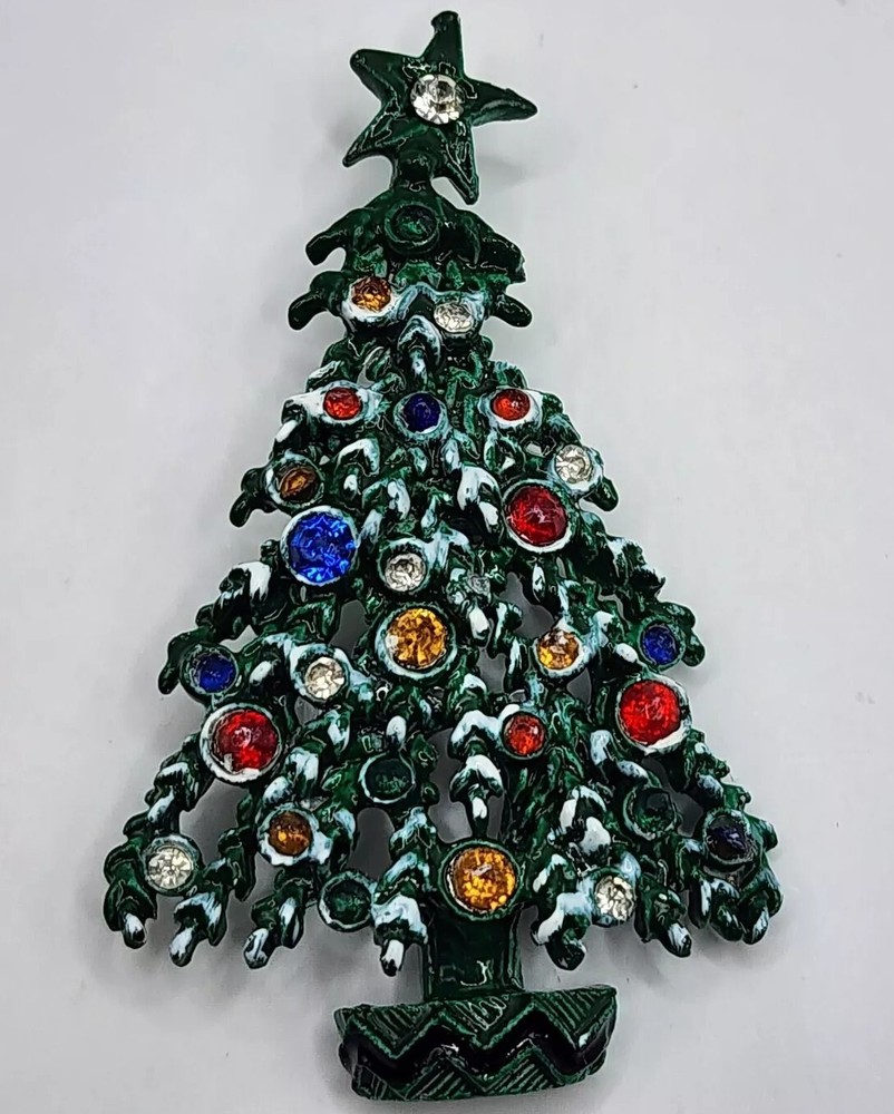 Vintage Christmas Tree Brooch VTG Rhinestone Ornaments And Snowy Branches