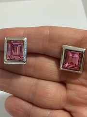 Vintage SAL Swarovski Pink Crystal Clip Earrings Emerald Cut Silver Tone Stamped