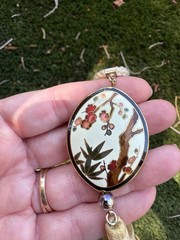 Vintage Asian Cloisonné Floral Tassel Pendent On Cream cord Necklace 30” Estate