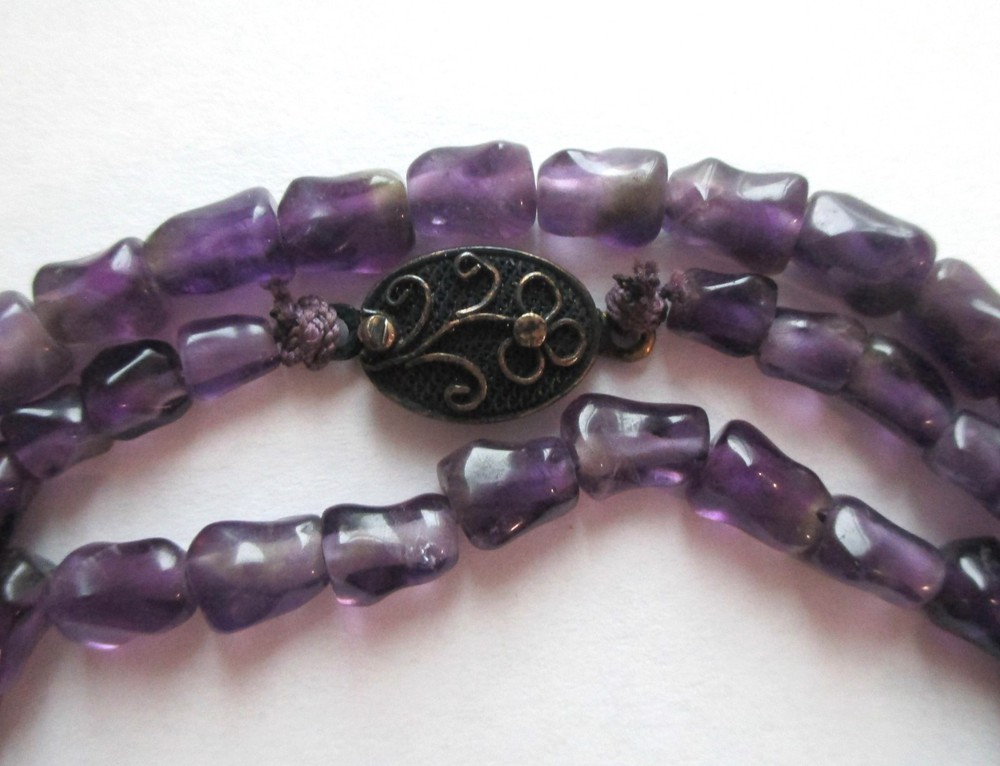 26in VINTAGE CHINESE EXPORT AMETHYST BEAD NECKLACE STERLING SILVER FLOWER CLASP