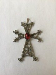Vintage Armenian Silver Filigree Khachkar Cross Pendant With Red Cabochon Stone
