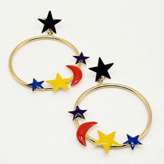 Stars Crescent Moon Colorful Enamel Metal Gold Tone Round Hoop Pierced Earrings