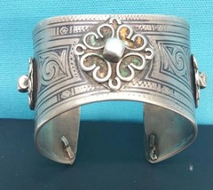 ANTIQUE STERLING SILVER HANDMADE CUFF BANGLE BRACELET WITH ENAMEL 51.5 Grams