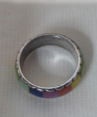 Multi-color Mosaic Inlaid Band Ring -Size 7 Silver Tone Colorful Stacker Unisex