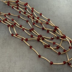 Vintage Red Bead Multi Strand Necklace Gold Tone Bar Link Layered