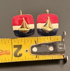 VTG SAILBOAT ENAMEL Nautical Pierced Earrings Red White Blue Cape Cod Cruise