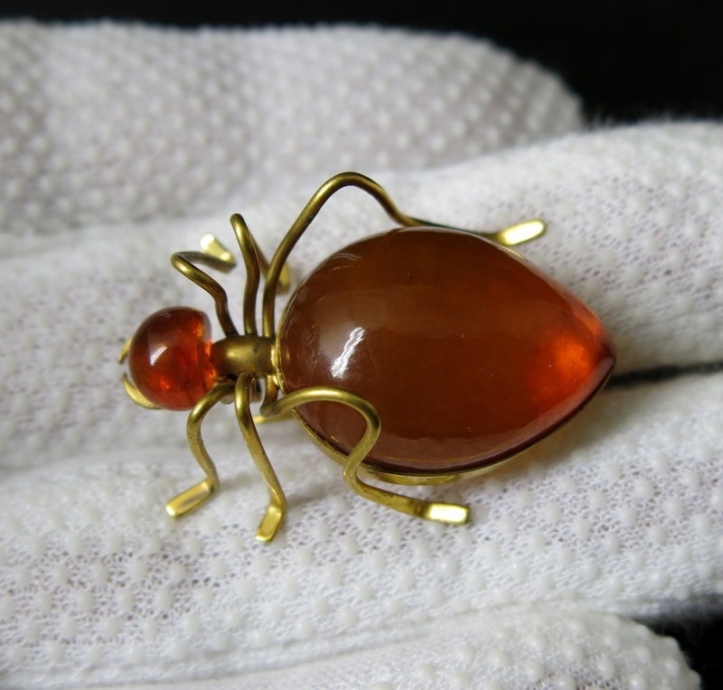 Vintage Natural Baltic Amber Beetle Brooch USSR Gold-Plated Pin 1962s