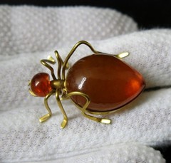 Vintage Natural Baltic Amber Beetle Brooch USSR Gold-Plated Pin 1962s