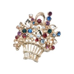 Vintage Gold Tone Flower Basket Brooch Multicolor Rhinestone Faux Pearl Pin