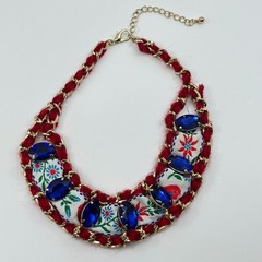 VTG Boho Red Woven Chain Collar Necklace Blue Rhinestone Floral Ribbon Statement