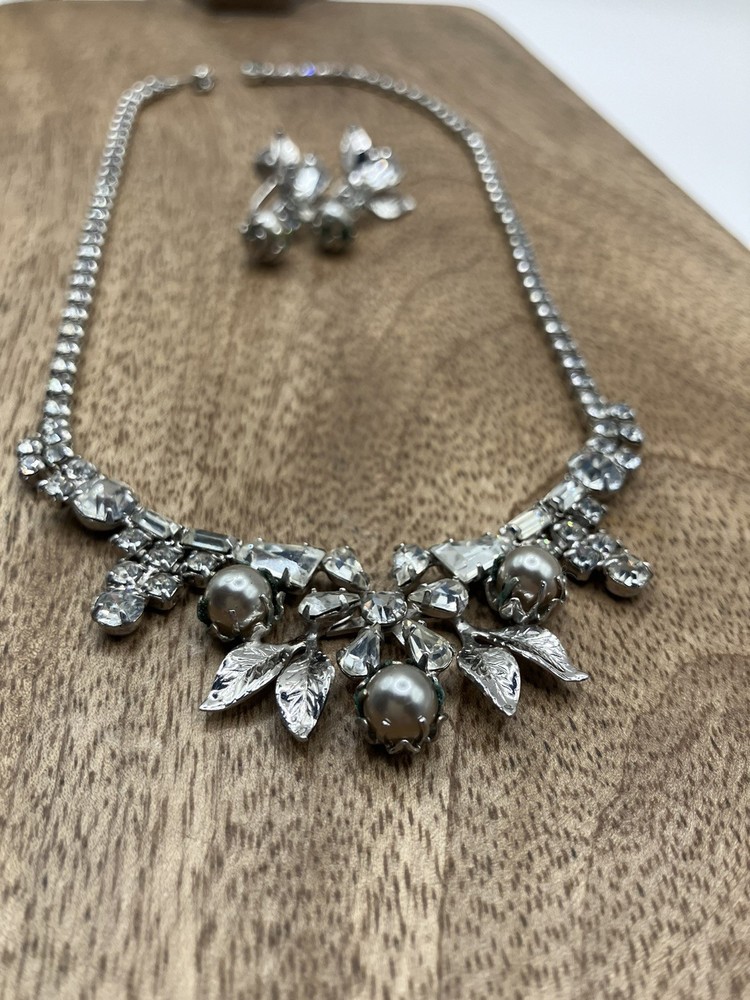Vintage 1950’s Lind- Gal or LG Rhinestone/ faux pearl necklace & earrings set