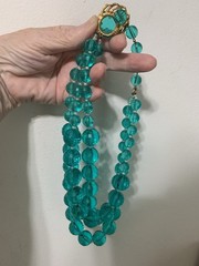 Vintage Graduated Multi Strand Aquamarine Bead Necklace,Fancy Gold Tone Clasp16”