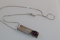 Vintage MCM Studio Artisan Cabochon Amethyst Pendant on Chain Sterling Silver