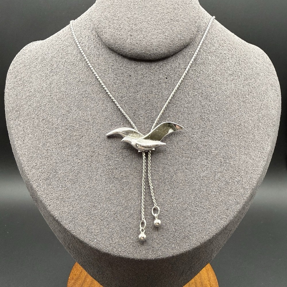 Vintage Avon Silver Tone Bird Pendant Bolo Necklace Adjustable Lariat Modernist