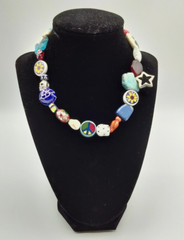 Vintage Multi Color Glass Metal Acrylic Ceramic Stars Flower Beaded Necklace 15″