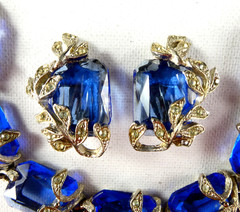 Vintage BSK Blue Glass Crystal Leaf Demi Parure Necklace Bracelet Earrings SET