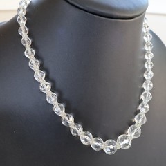 Vintage Graduated Faceted Clear Crystal Bead Necklace Filigree Clasp 18 Inch