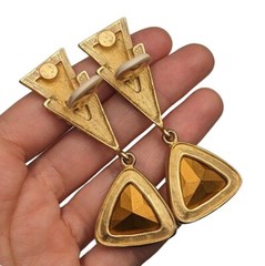 Amazing Statement Clear Crystal Dangle Drop Gold Tone Runway Clip On Earrings 3″