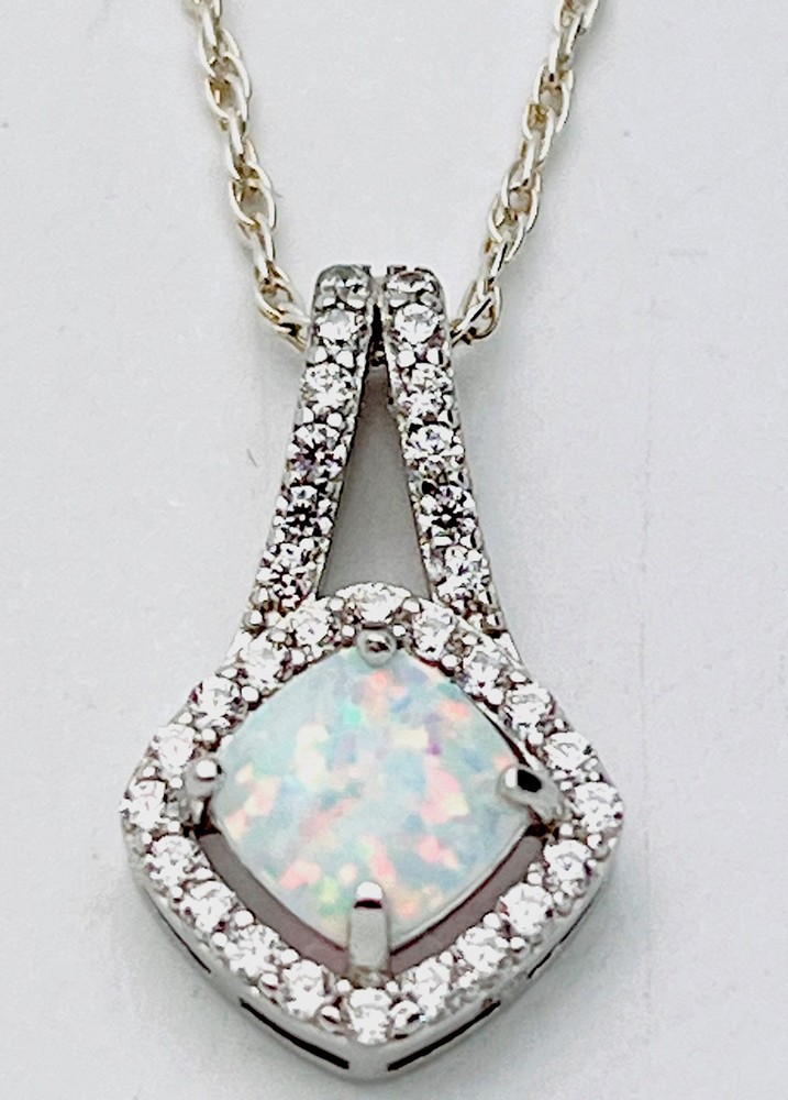 925 Sterling Silver 3.8 Gram Lab Created Whit Fire Opal 32 CZ Necklace 19”